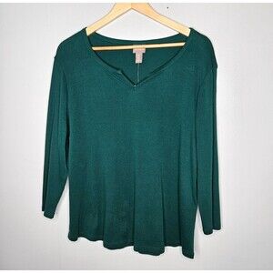 CHICO'S Skylar Split Neck Top Size 2 Large 3/4 Sleeve Enchanting Ivy Green NWT